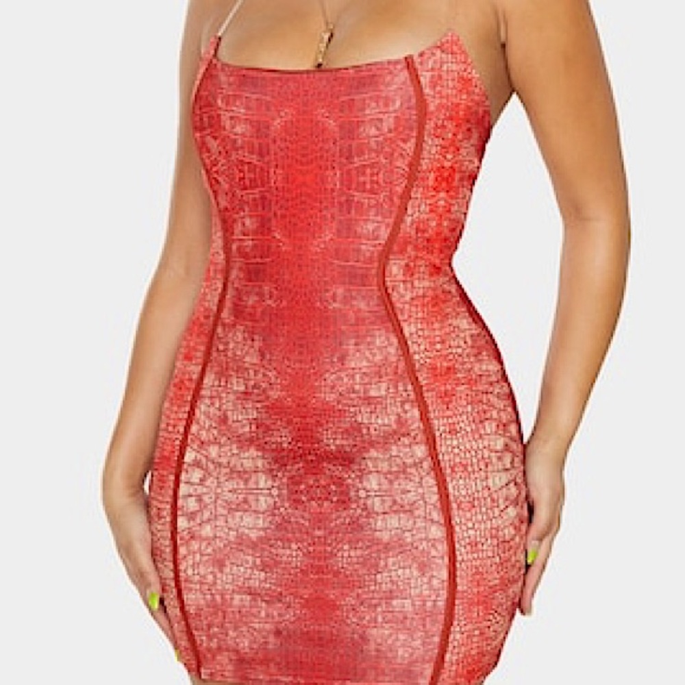 Clear strap body con dress from pretty little thing with snakeskin print.